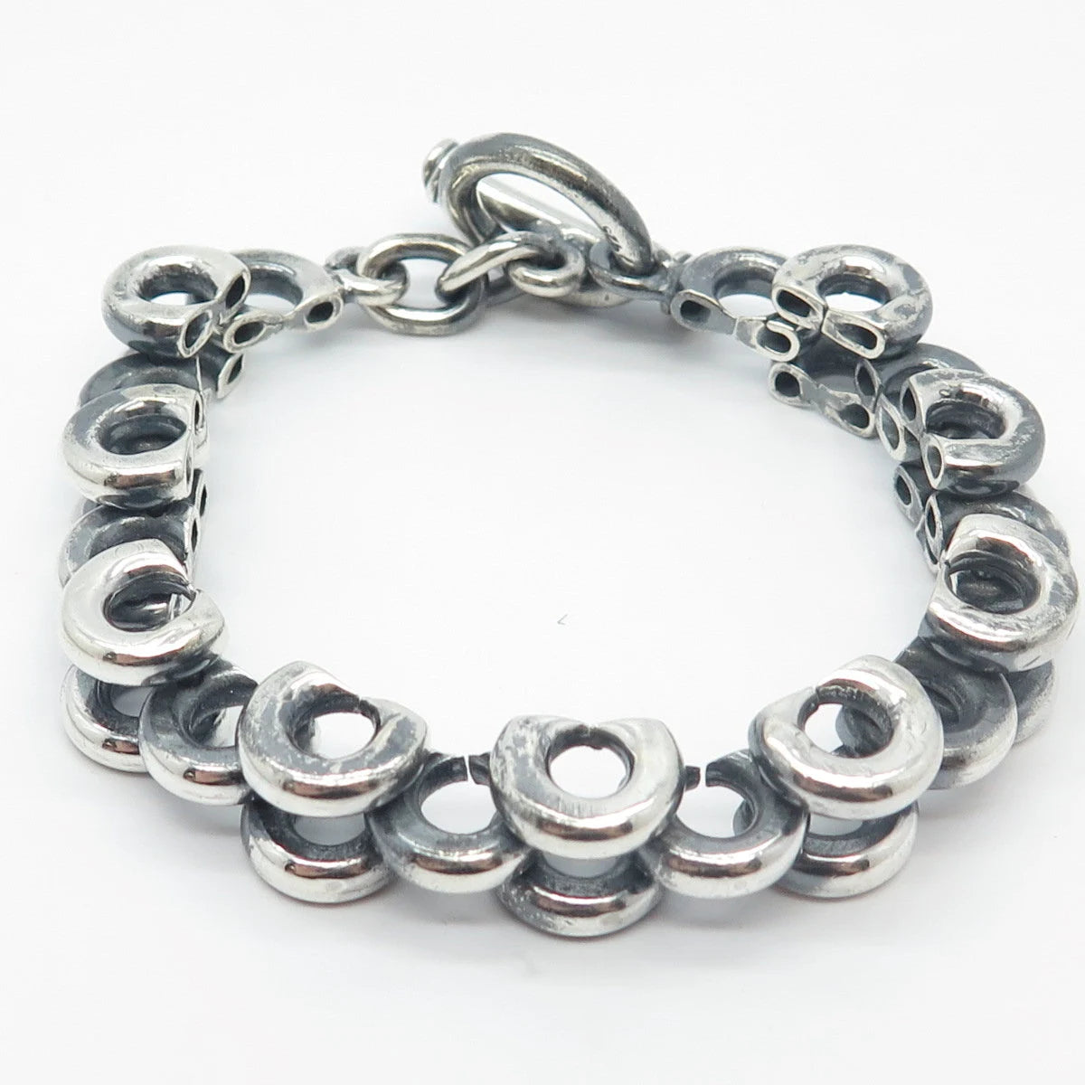 925 Sterling Silver Vintage Toggle Clasp Multi-Circle & Panther Link Bracelet 7"