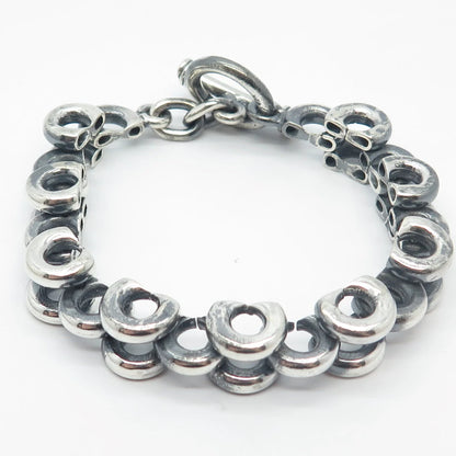 925 Sterling Silver Vintage Toggle Clasp Multi-Circle & Panther Link Bracelet 7"