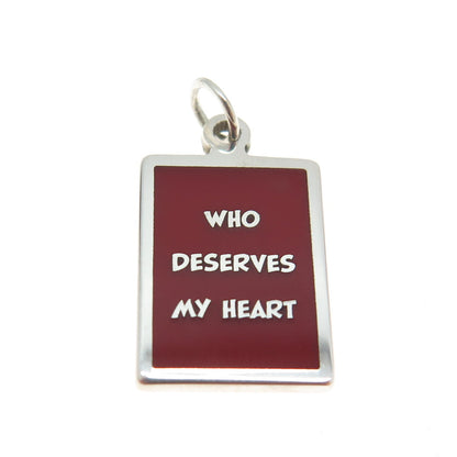 925 Sterling Silver Red Enamel "Who Deserves My Heart" Minimalist Charm Pendant