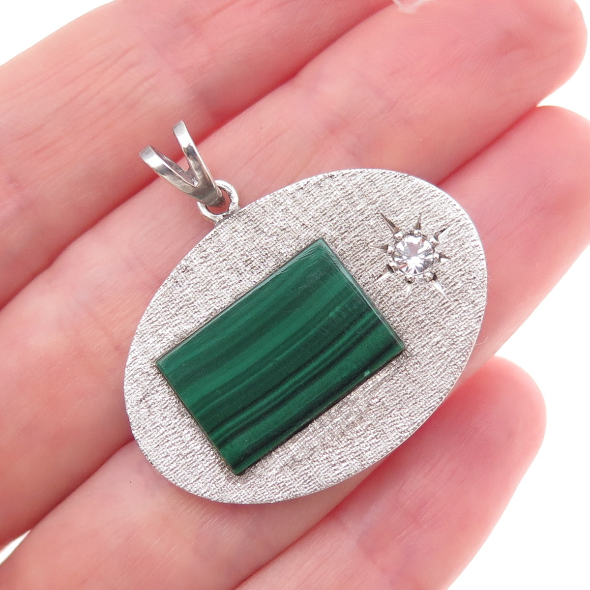 Daito S.A. Sterling Silver Vintage Mexico Real Malachite & C Z Modernist Pendant