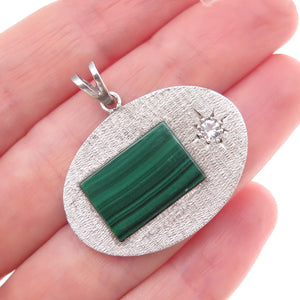 Daito S.A. Sterling Silver Vintage Mexico Real Malachite & C Z Modernist Pendant