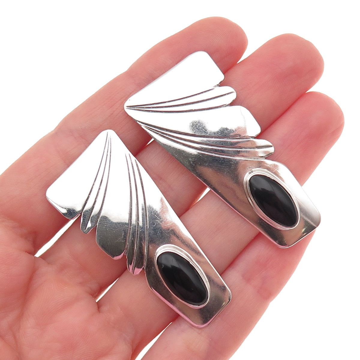 Old Pawn 925 Sterling Silver Vintage Southwestern Black Onyx Tribal Earrings