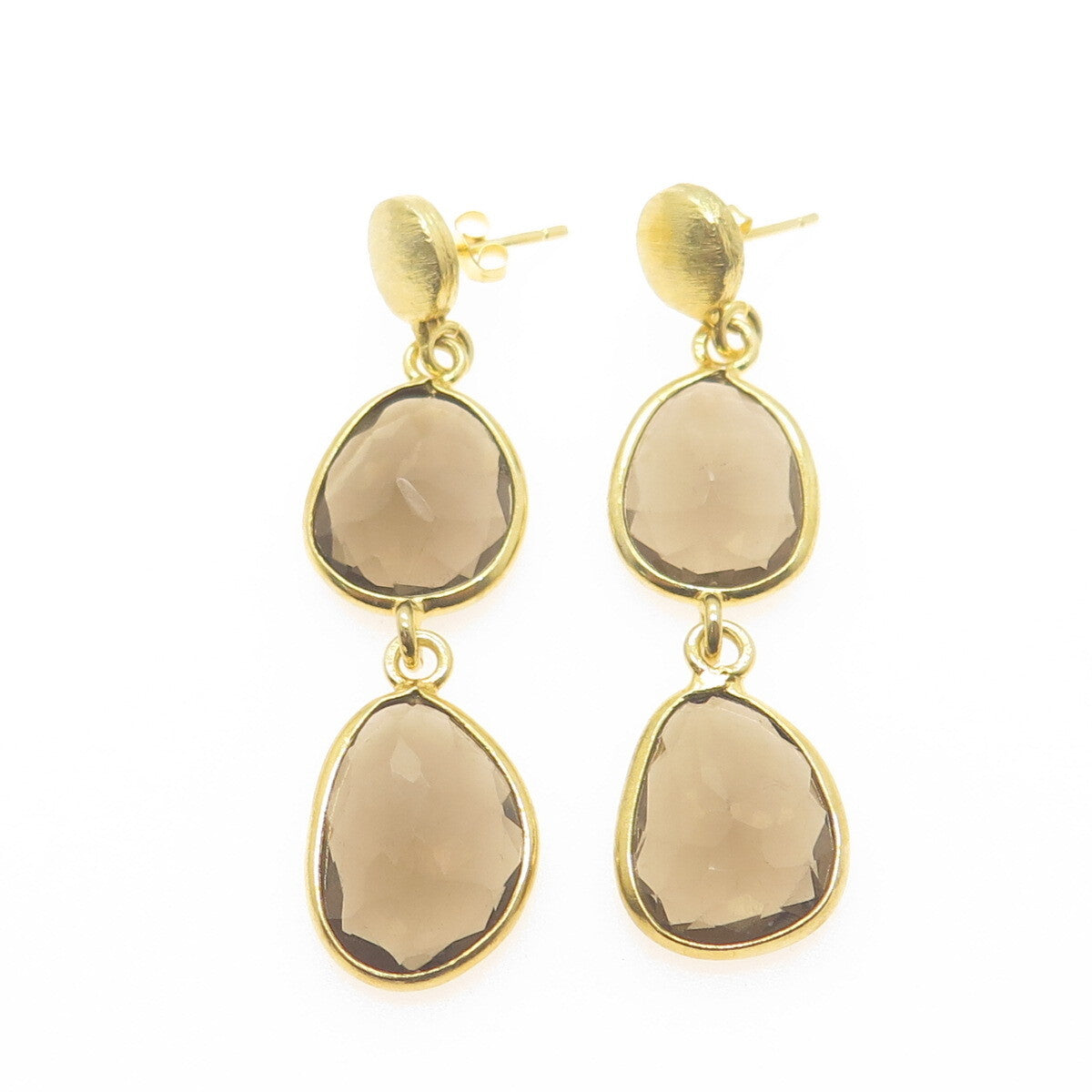 925 Sterling Silver Gold Plated Vintage Smoky Quartz Modernist Dangle Earrings