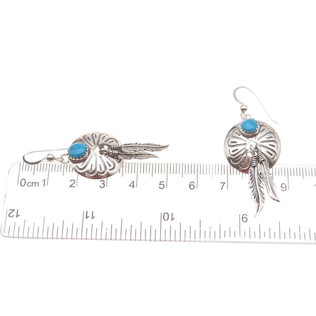 Old Pawn Sterling Silver Vintage Southwestern Turquoise Feather Dangle Earrings