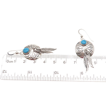 Old Pawn Sterling Silver Vintage Southwestern Turquoise Feather Dangle Earrings