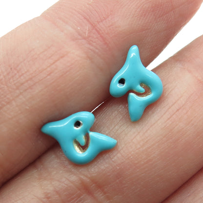 925 Sterling Silver Blue Enamel Shark Stud Earrings