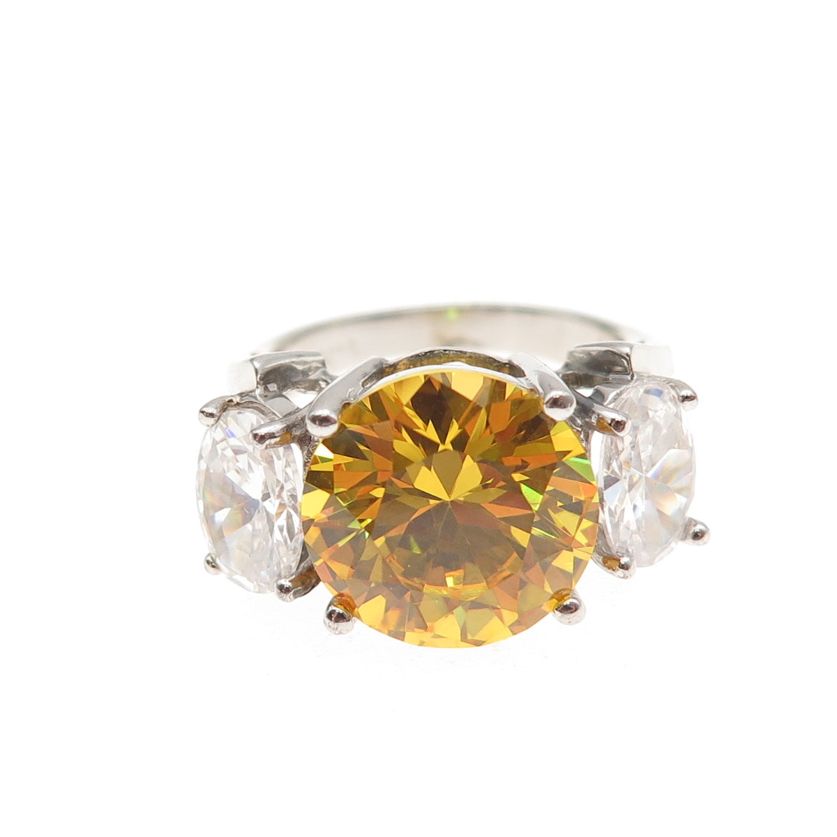 925 Sterling Silver Round-Cut Canary & Oval-Cut White C Z Ring Size 6.25