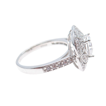 925 Sterling Silver Round-Cut C Z Flower Ring Size 9.5