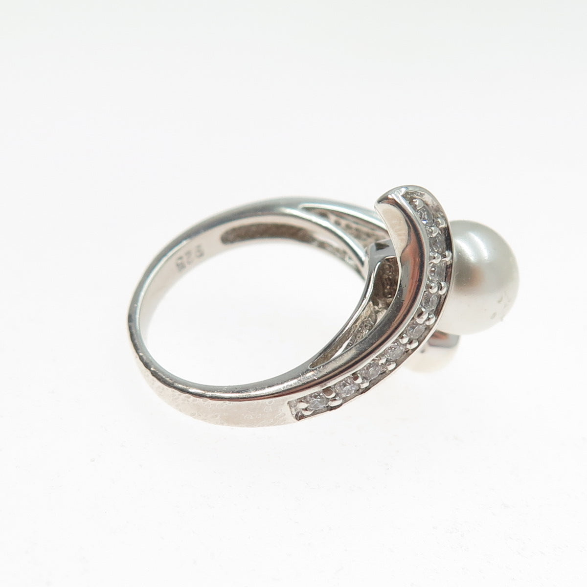 NEVADA 925 Sterling Silver Faux Pearl & C Z Bypass Ring Size 5.25