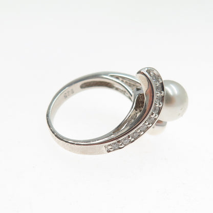 NEVADA 925 Sterling Silver Faux Pearl & C Z Bypass Ring Size 5.25