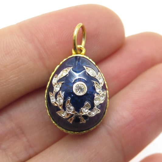 925 Sterling Silver Gold Plated Vintage Enamel Rhinestone Easter Egg Pendant