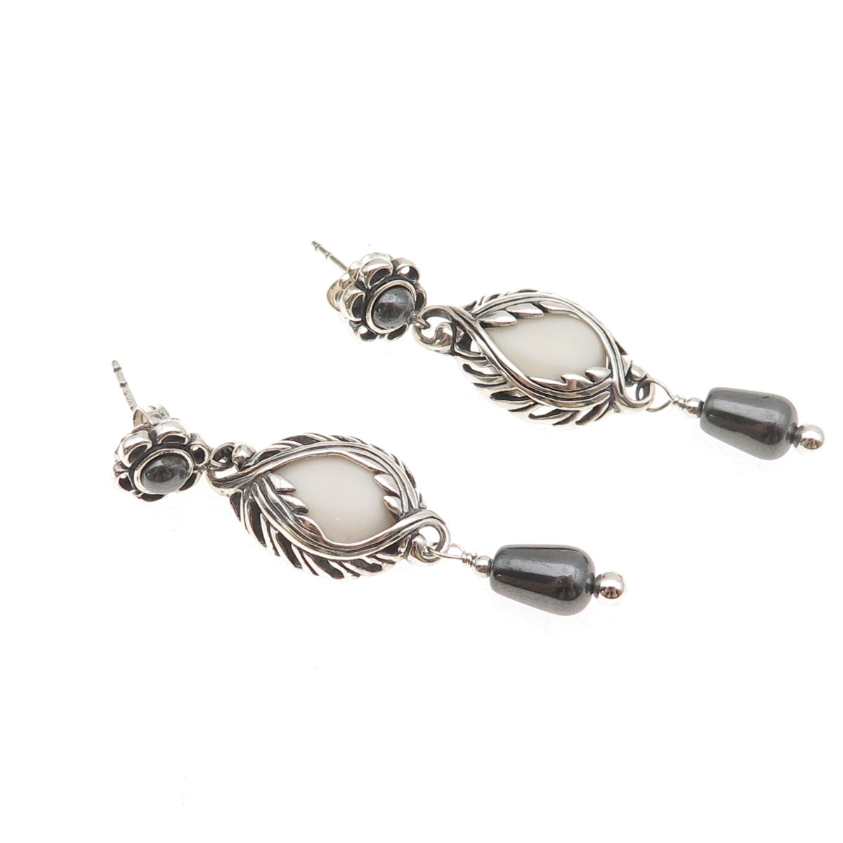 Carolyn Pollack Sterling Silver Vintage Real White Onyx Hematite Floral Earrings