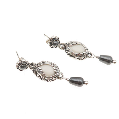 Carolyn Pollack Sterling Silver Vintage Real White Onyx Hematite Floral Earrings