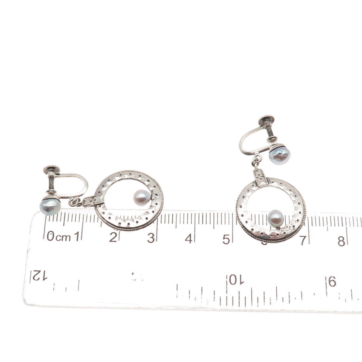 925 Sterling Silver Antique Art Deco Real Pearl Dangle Screw Back Earrings