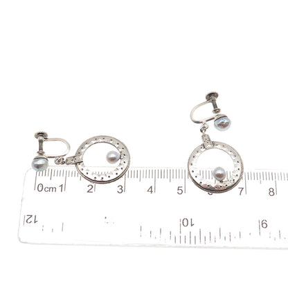 925 Sterling Silver Antique Art Deco Real Pearl Dangle Screw Back Earrings