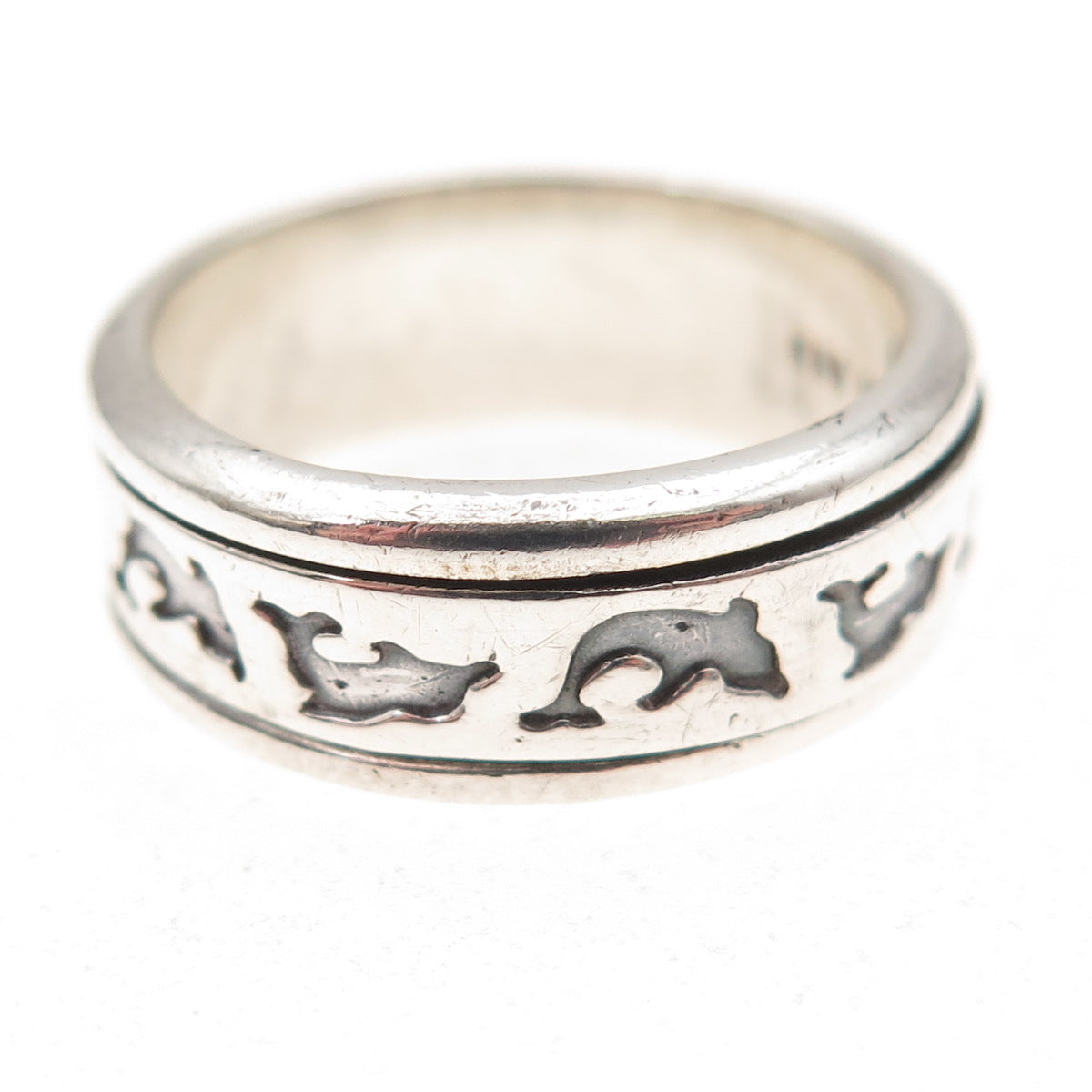 925 Sterling Silver Vintage Mexico Dolphin Rotating Oxidized Band Ring Size 8.25