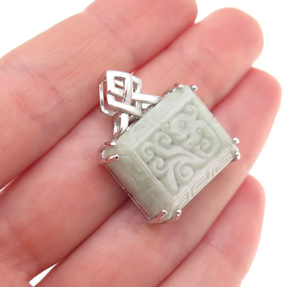 Heng Ngai 925 Sterling Silver Vintage Real Carved Jade Ornate Charm Pendant