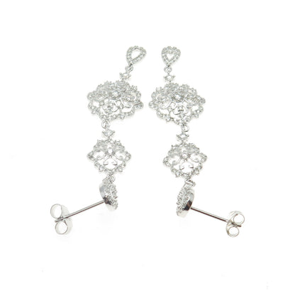 925 Sterling Silver Round-Cut C Z Floral Drop Dangling Earrings