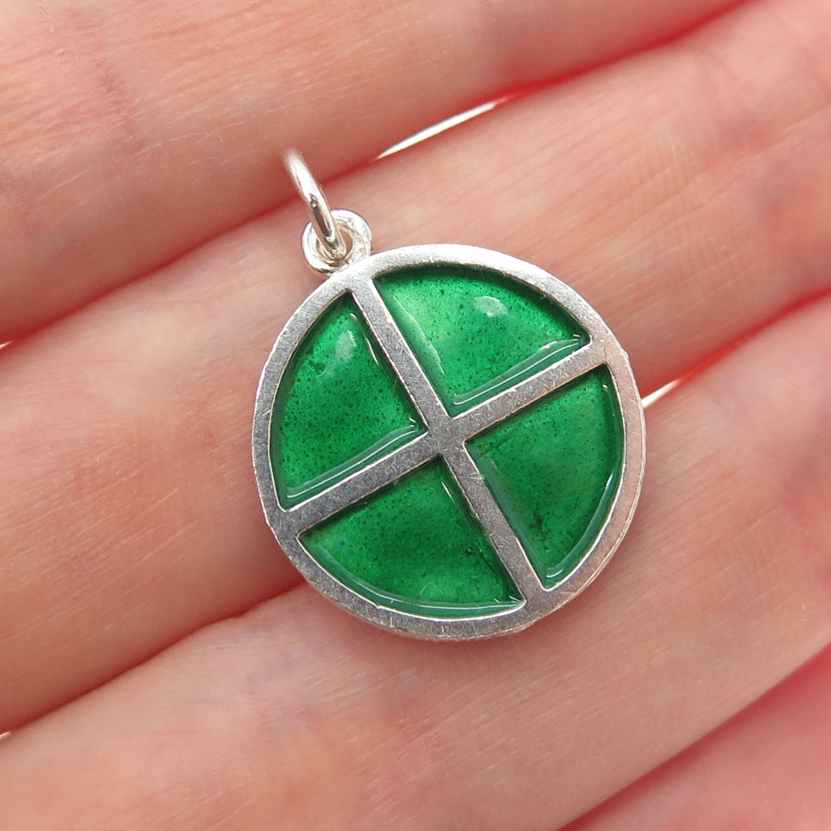 ZUMAN 925 Sterling Silver Vintage Israel Green Enamel Cross Charm Pendant