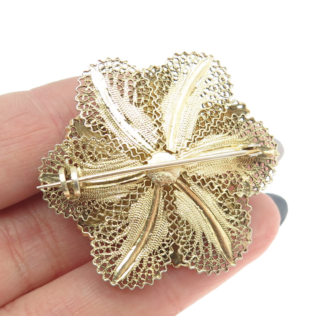 925 Sterling Silver Gold Plated Vintage Enamel Filigree Floral Pin Brooch