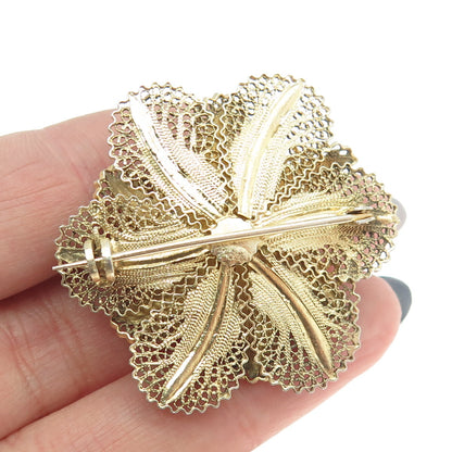 925 Sterling Silver Gold Plated Vintage Enamel Filigree Floral Pin Brooch