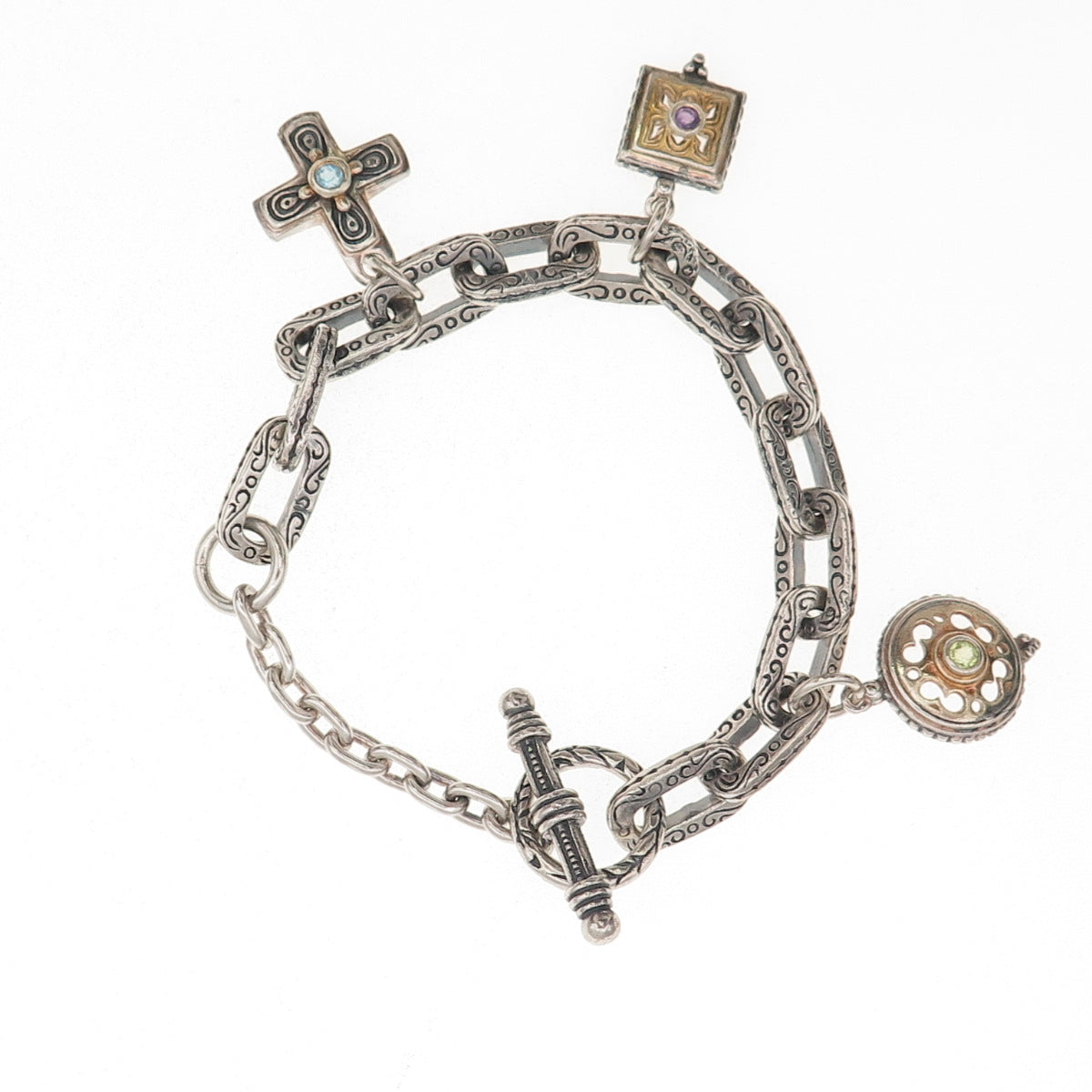 925 Sterling 2-Tone Vintage Amethyst Peridot & Topaz Multi-Charm Bracelet 6.75"