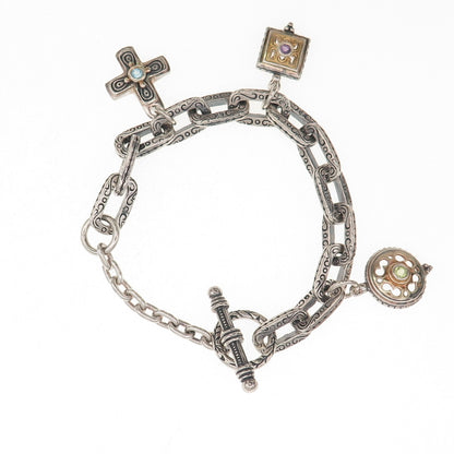 925 Sterling 2-Tone Vintage Amethyst Peridot & Topaz Multi-Charm Bracelet 6.75"