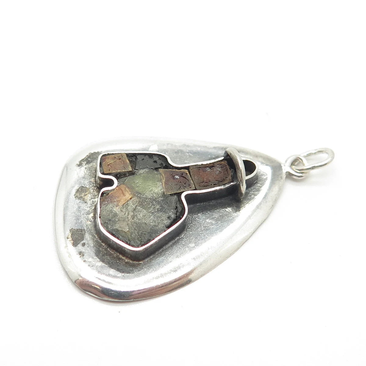925 Sterling Silver Vintage Israel Real Turquoise & Jasper Pendant