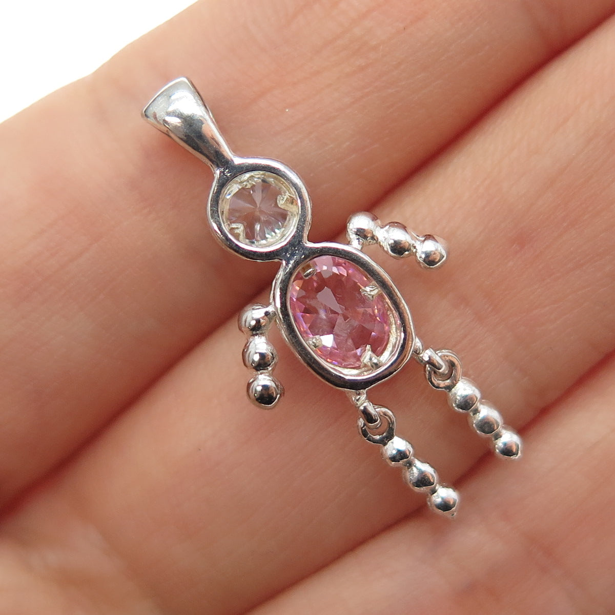 925 Sterling Silver Pink C Z October Birthstone Boy Articulated Charm Pendant