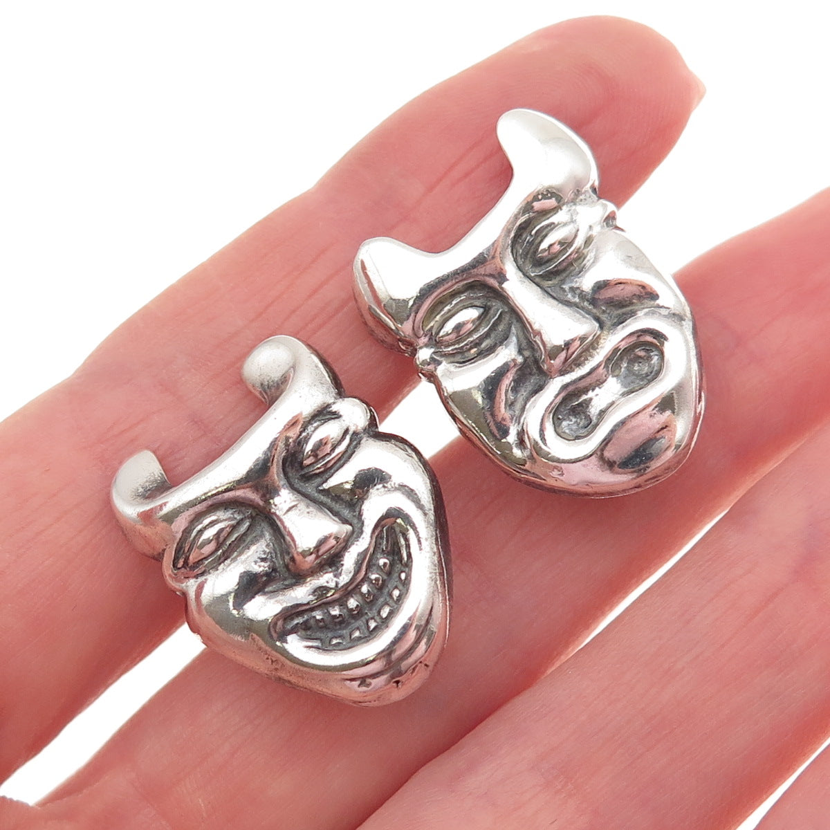 925 Sterling Silver Vintage Comedy & Tragedy Devil Masks Screw Back Earrings