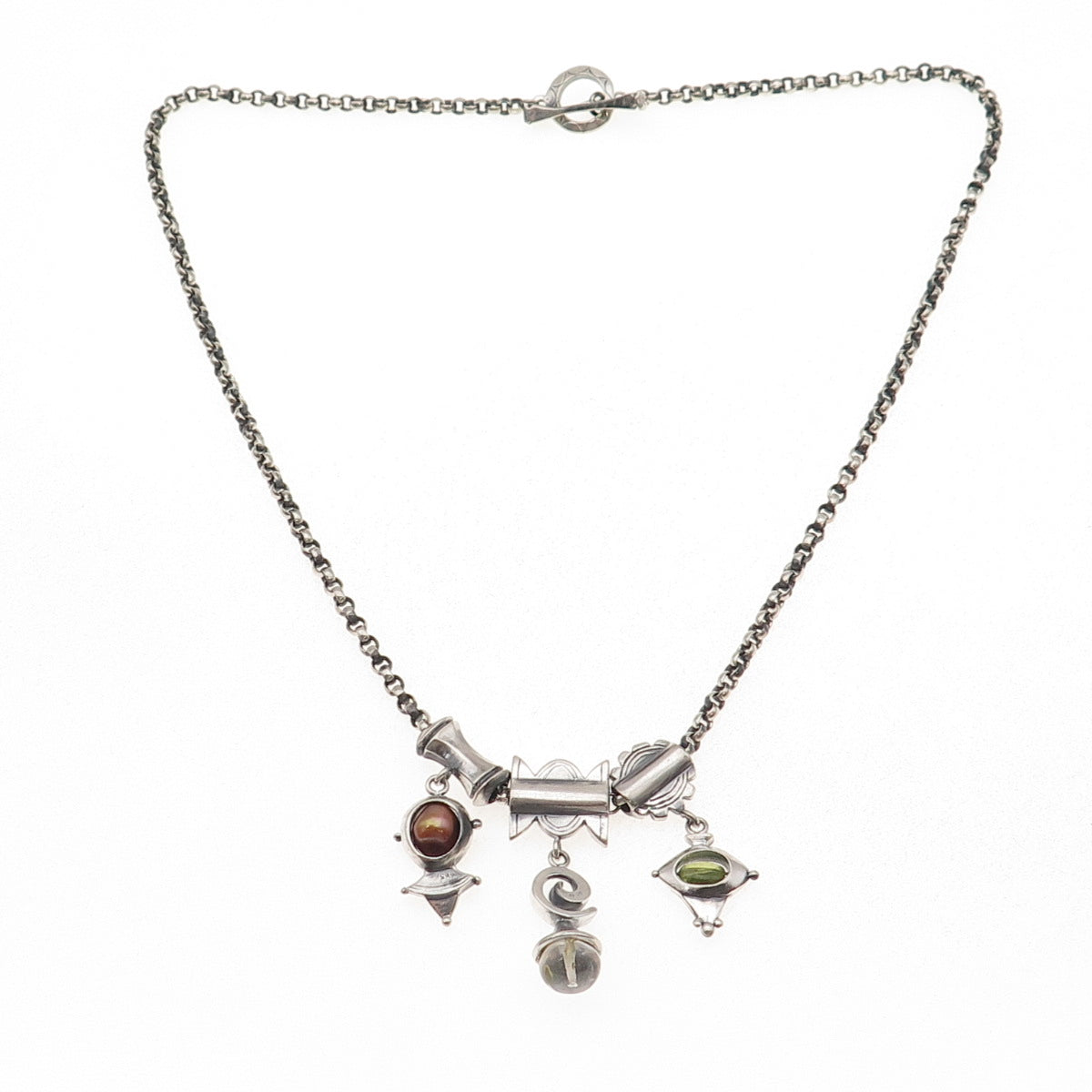 925 Sterling Silver Vintage Real Pearl Peridot Quartz Modernist Necklace 20"