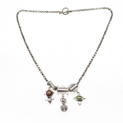 925 Sterling Silver Vintage Real Pearl Peridot Quartz Modernist Necklace 20"