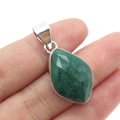 925 Sterling Silver Vintage Real Emerald Modernist Pendant