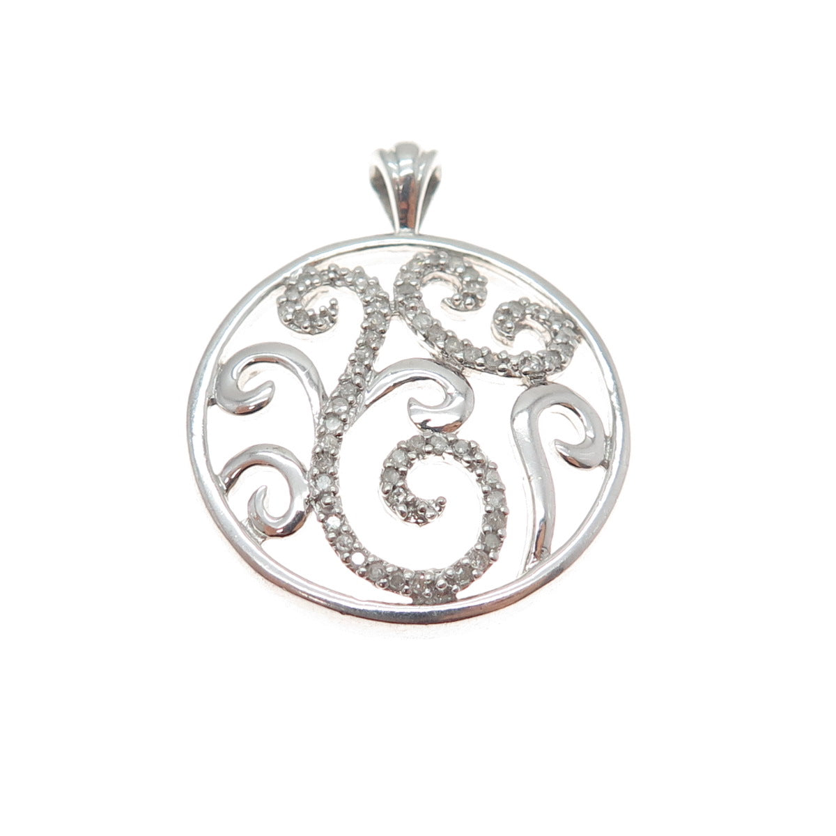 HN HENG NGAI 925 Sterling Silver Real Round-Cut Diamond Scroll Charm Pendant