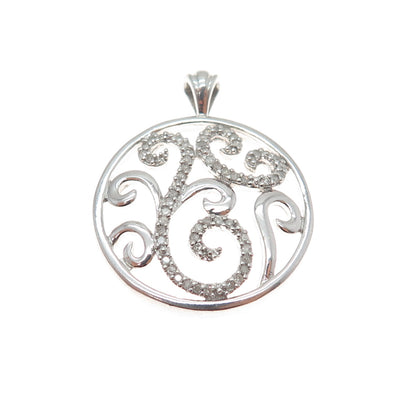 HN HENG NGAI 925 Sterling Silver Real Round-Cut Diamond Scroll Charm Pendant