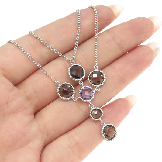 925 Sterling Silver Real Smoky Quartz & Amethyst Gem Curb Chain Necklace 16"