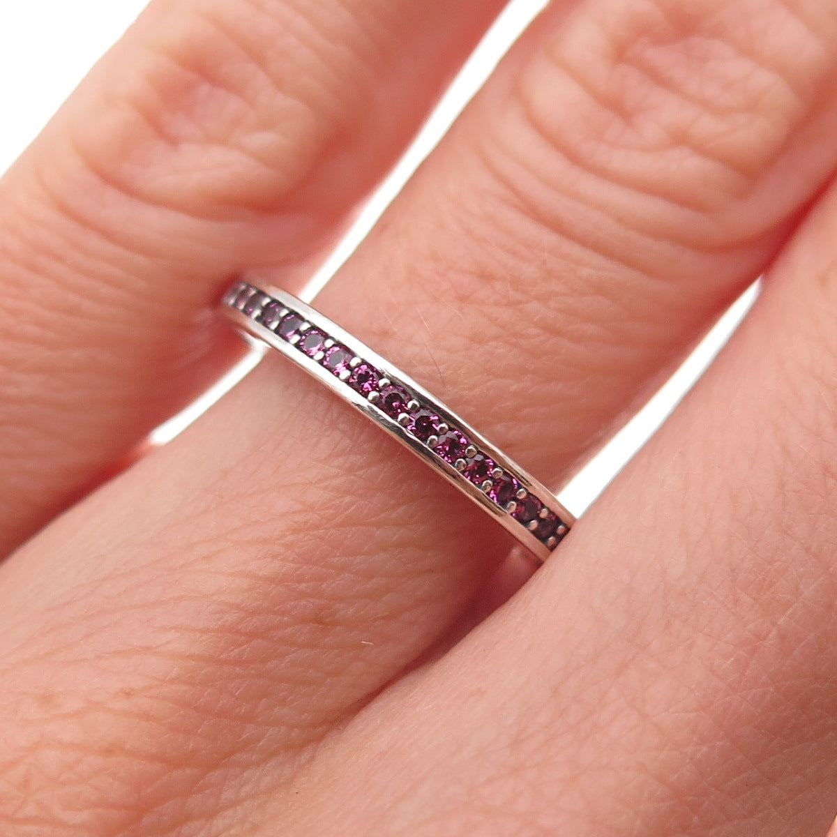 Pandora 925 Sterling Silver Enamel & Pink C Z Radiant Hearts Band Ring Size 6.25