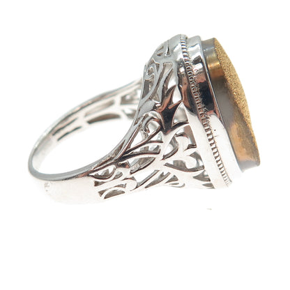 925 Sterling Silver Real Oval-Cut Gold Druzy Ornate Ring Size 5.25