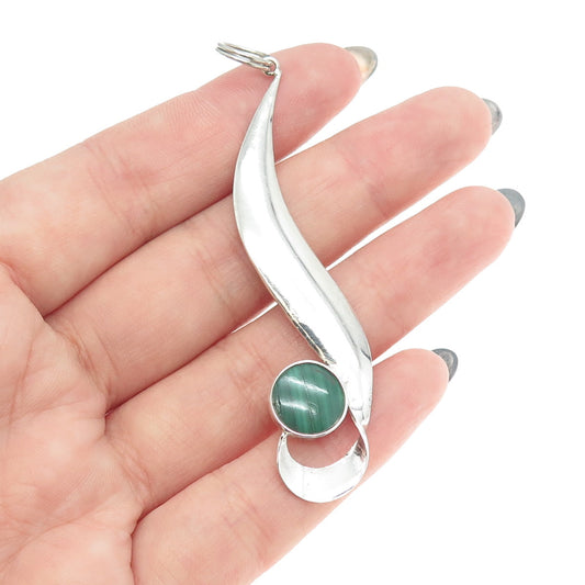 925 Sterling Silver Vintage Real Malachite Gemstone Modernist Pendant