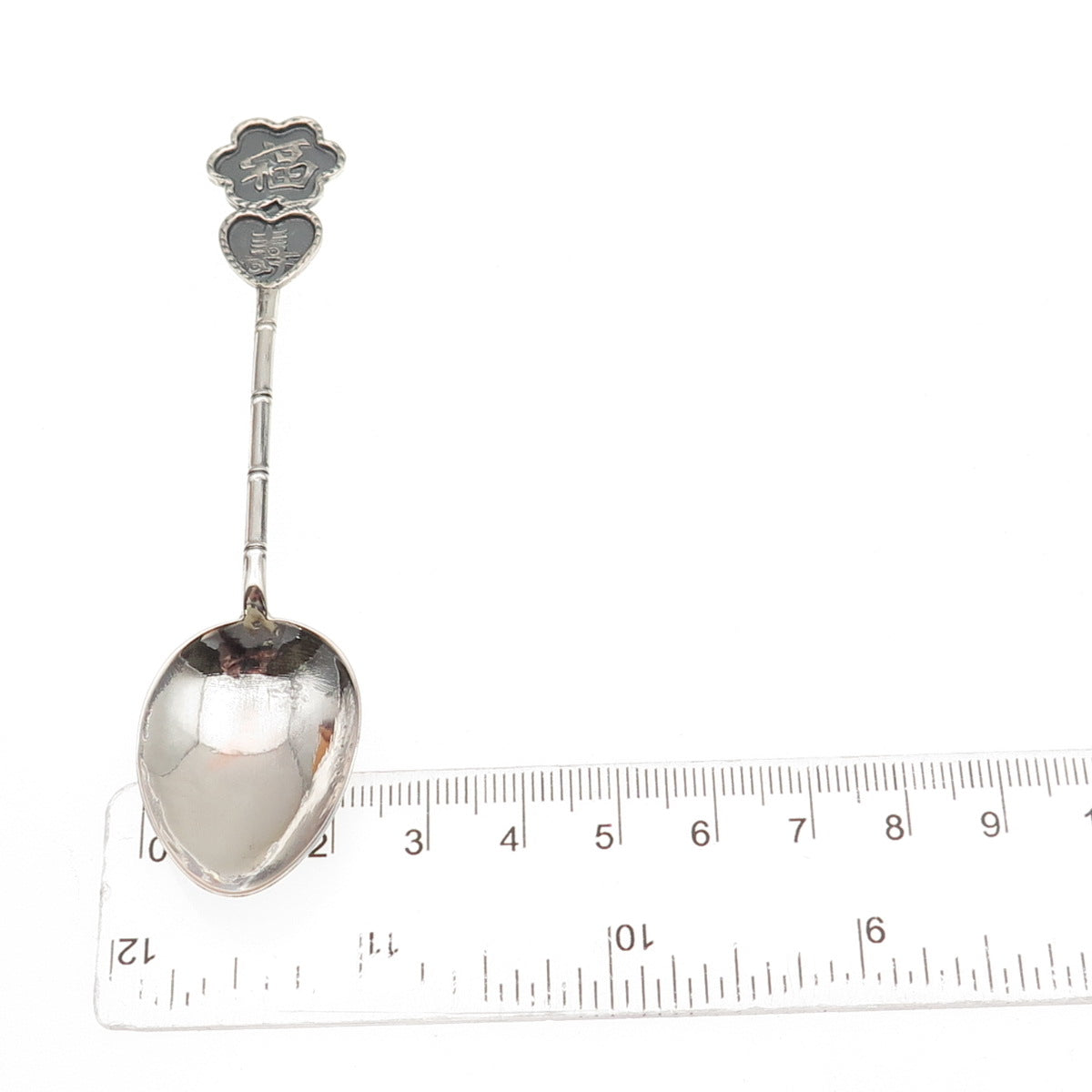 925 Sterling Silver Antique Chinese Fortune & Longevity Bamboo Coffee Spoon