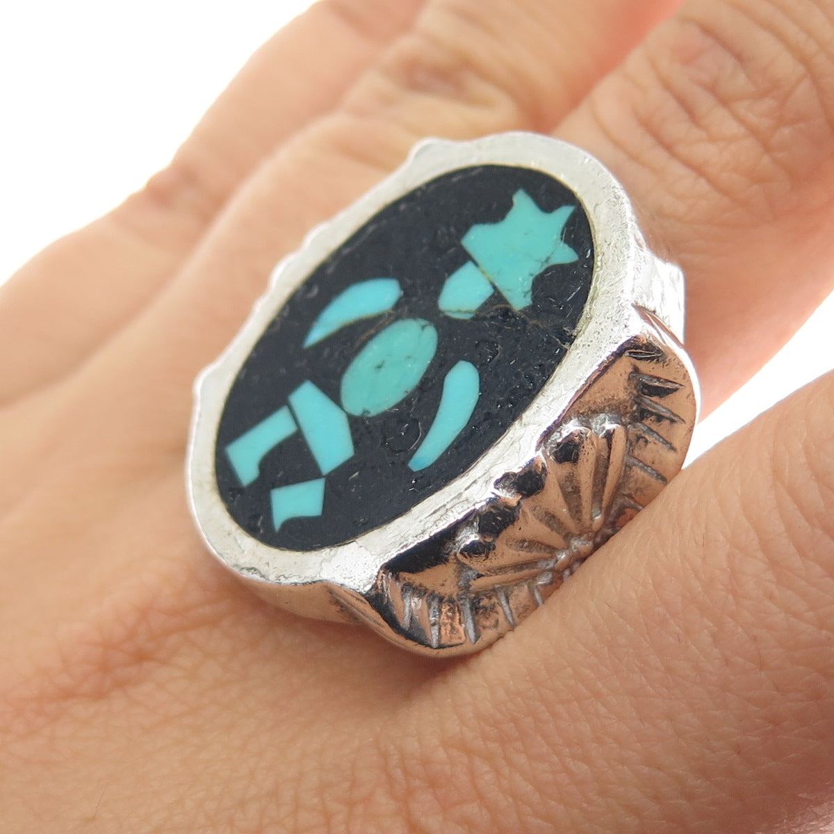 Old Pawn 925 Sterling Silver Vintage Turquoise Black Onyx Kachina Ring Size 12.5