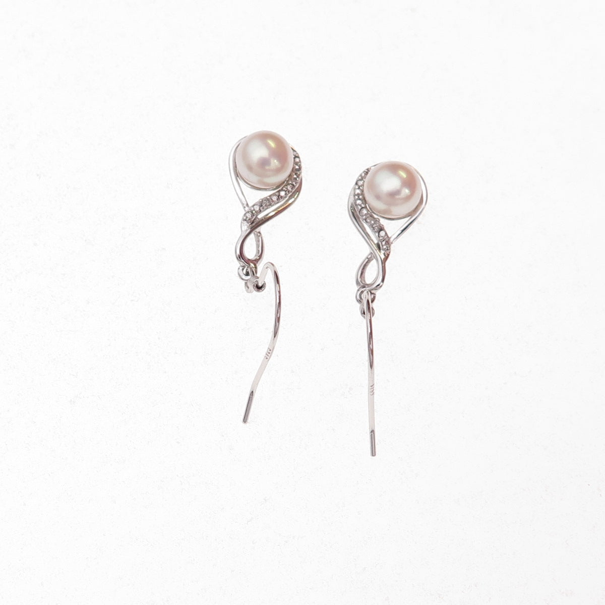 925 Sterling Silver Real Diamond & Pearl Infinity Dangle Earrings