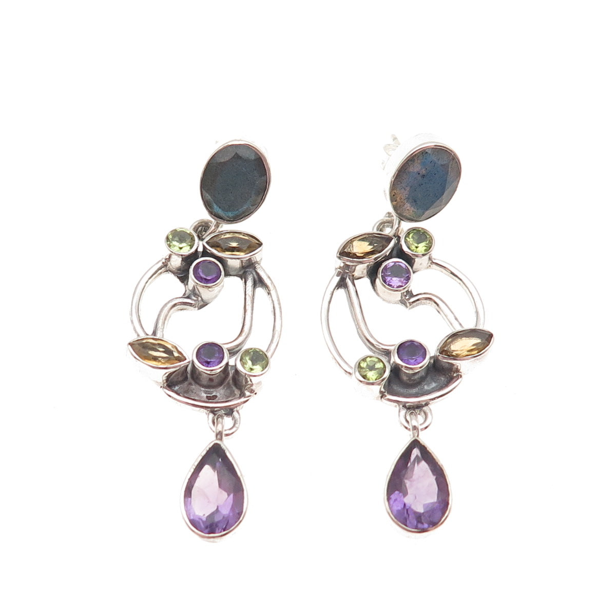 Nicky Butler 925 Sterling Vintage Labradorite Amethyst Citrine Peridot Earrings