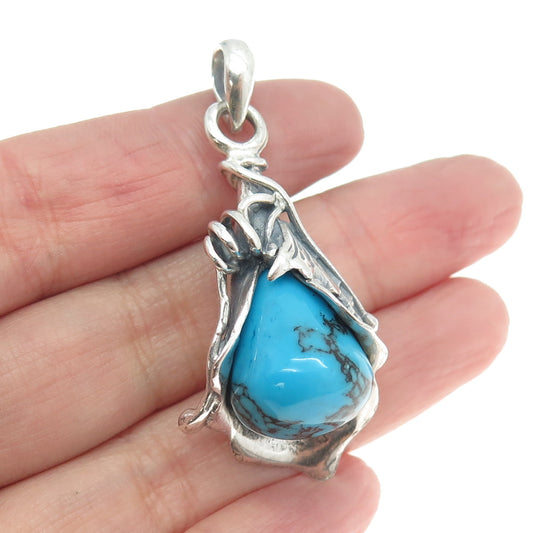 925 Sterling Silver Vintage Real Turquoise Modernist Charm Pendant