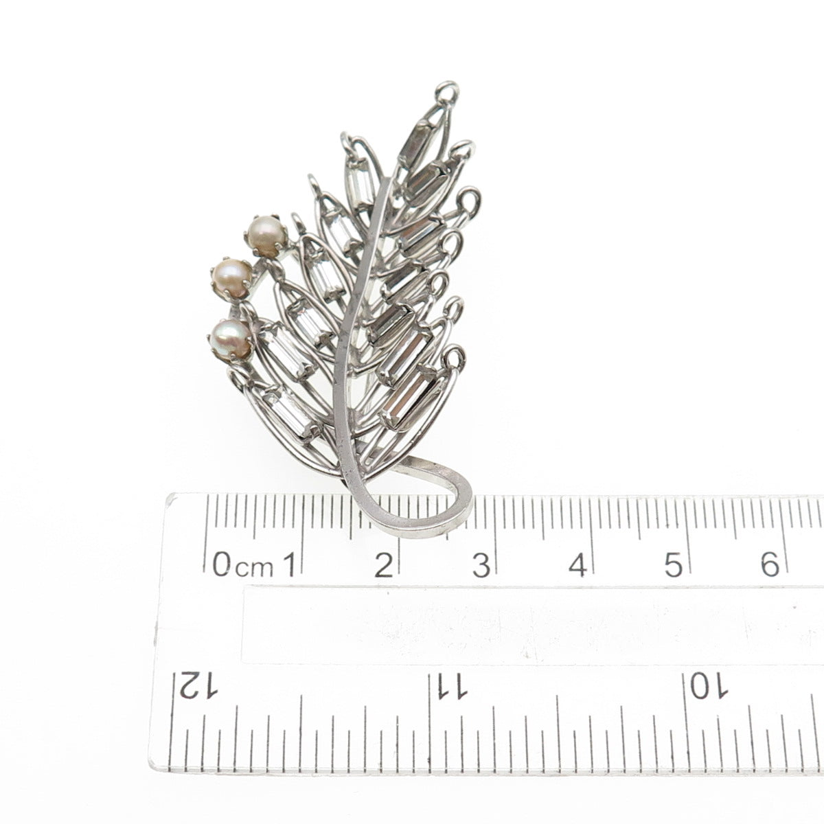 925 Sterling Antique Art Deco Rhinestone Real Pearl Floral Pin Brooch / Pendant