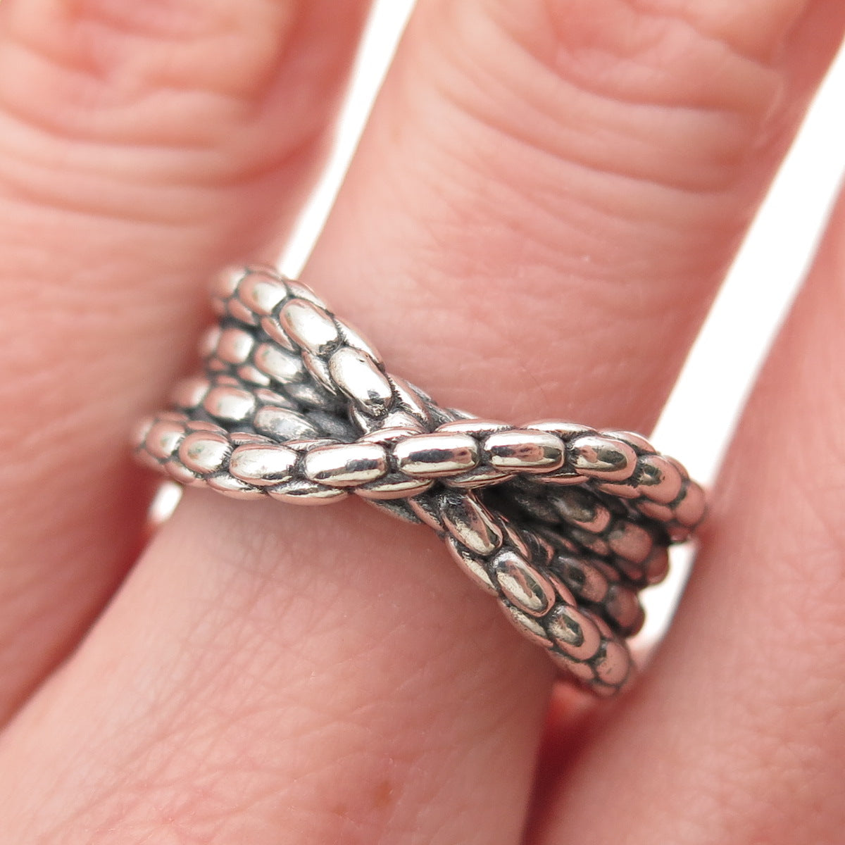 925 Sterling Silver Vintage Multi-Row Chain Crisscross Oxidized Ring Size 7.5