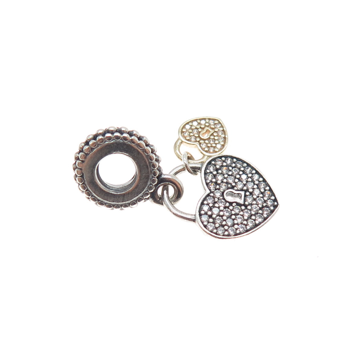 PANDORA 925 Sterling Silver 2-Tone C Z Love Lock Dangle Slide Charm