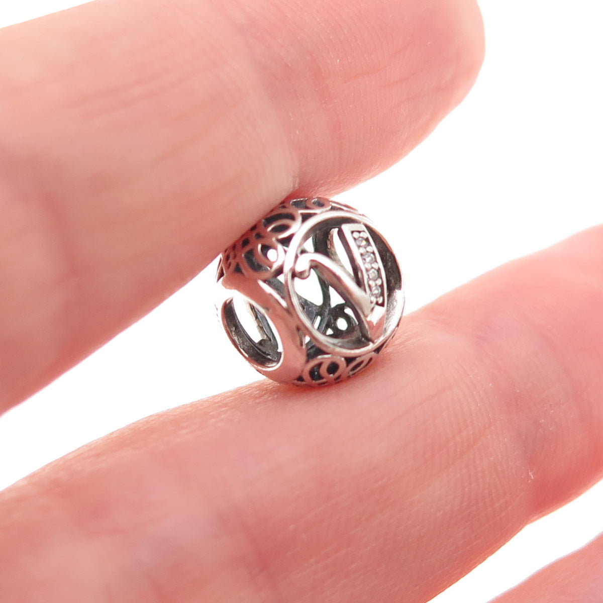 Pandora 925 Sterling Silver C Z Letter V Initial Slide Bead Charm