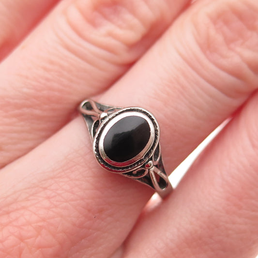 925 Sterling Silver Vintage Real Black Onyx Floral Oxidized Ring Size 7