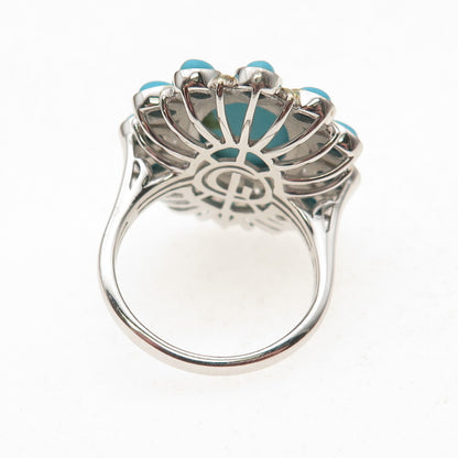 925 Sterling Silver Real Sleeping Beauty Turquoise Floral Ring Size 8.25